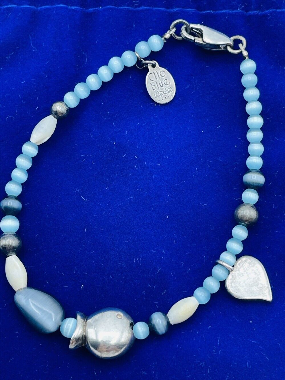 Clio Blue Paris Sterling Silver Cat's Eye 7" Bracelet Fish Bead Heart Charm Nice